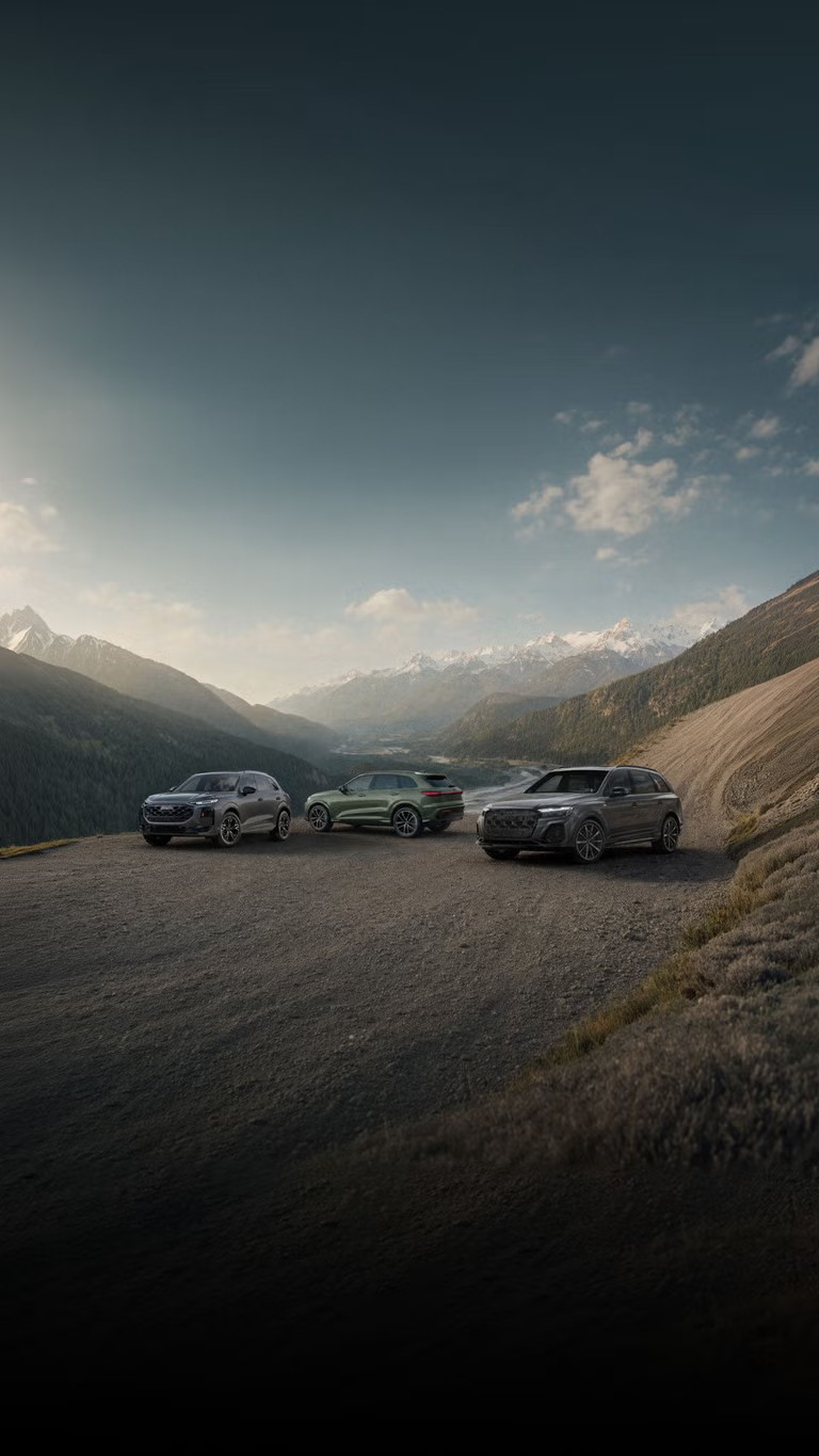 Group shot of Audi vehicles parked.