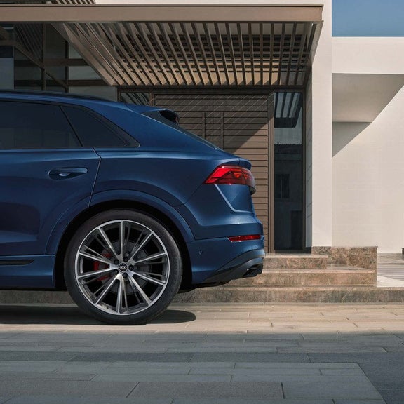 2026 Audi Q8 coupe roofline in blue — the B-pillar arc at Audi Sewickley
