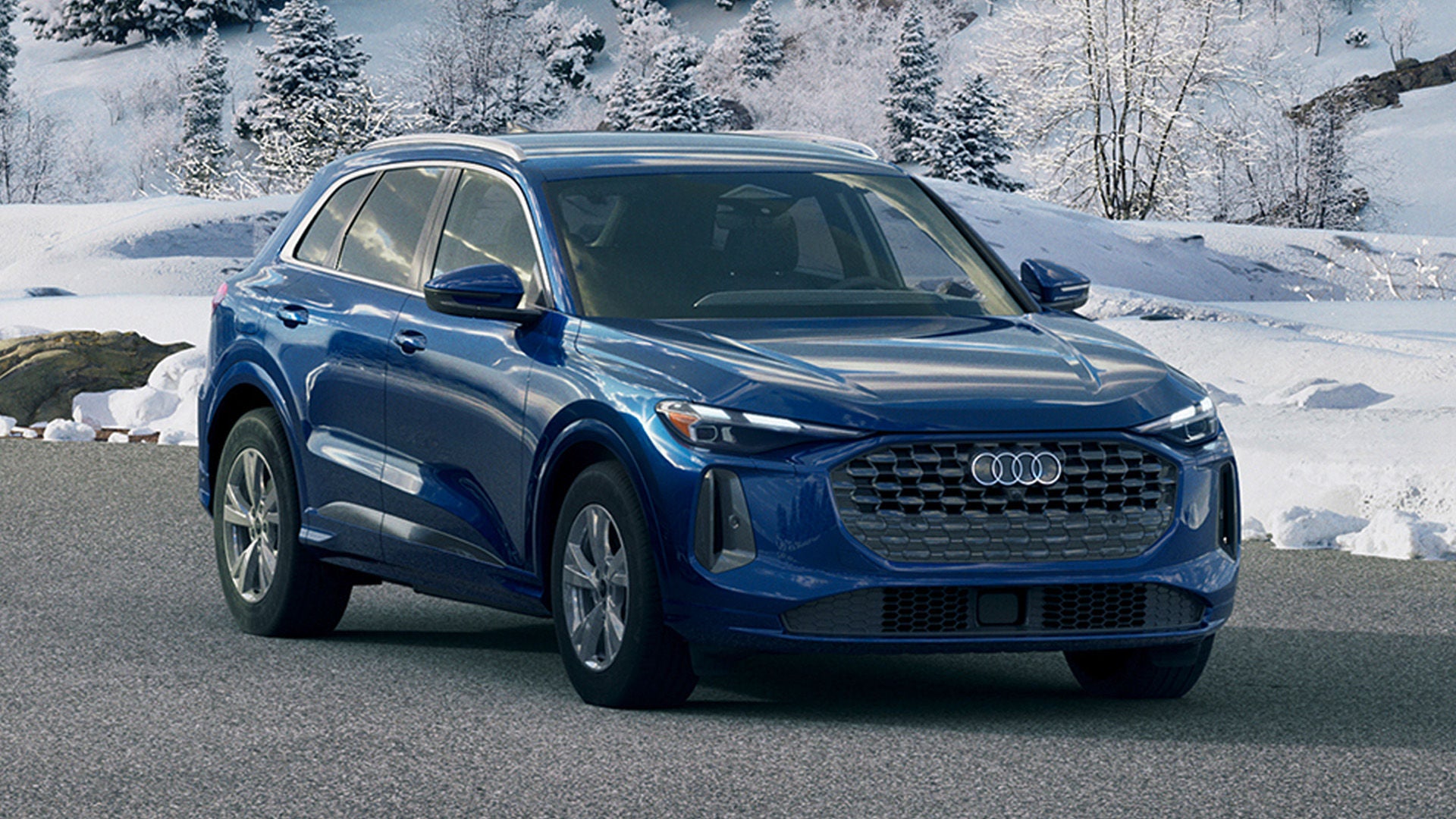 Front portrait angle of an Audi Q5 SUV.