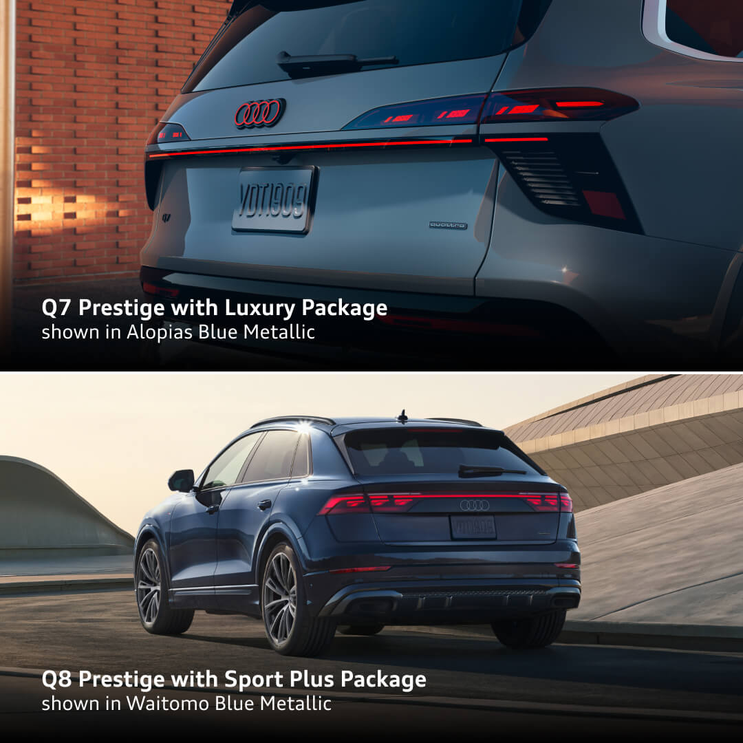 Top: 2027 Audi Q7 Prestige Luxury Package in Alopias Blue, rear detail. Bottom: Q8 Prestige Sport Plus in Waitomo Blue rear view.