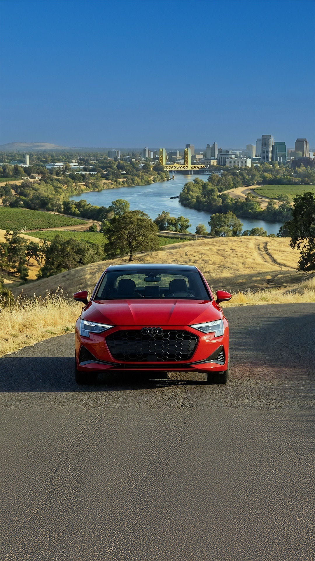 All new 2026 Audi A3 dimensions shown against the Sacramento skyline