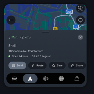 A map is at the top of the app. Navigation details are listed below including ETA and estimate fuel prices.