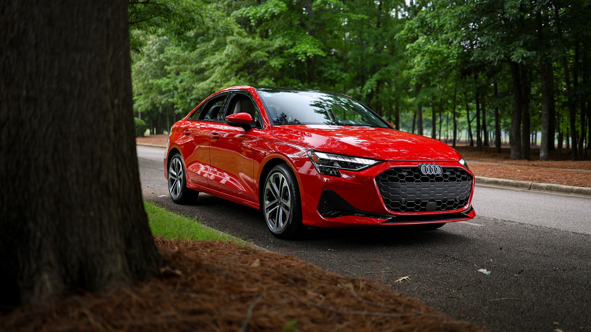 Three quarter view of an Audi q7 vehicle parked.