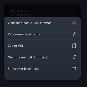 Une liste d’options, notamment Renommer le véhicule, Copier le NIV, Ouvrir le Manuel du propriétaire et Supprimer le véhicule, s’affiche. 