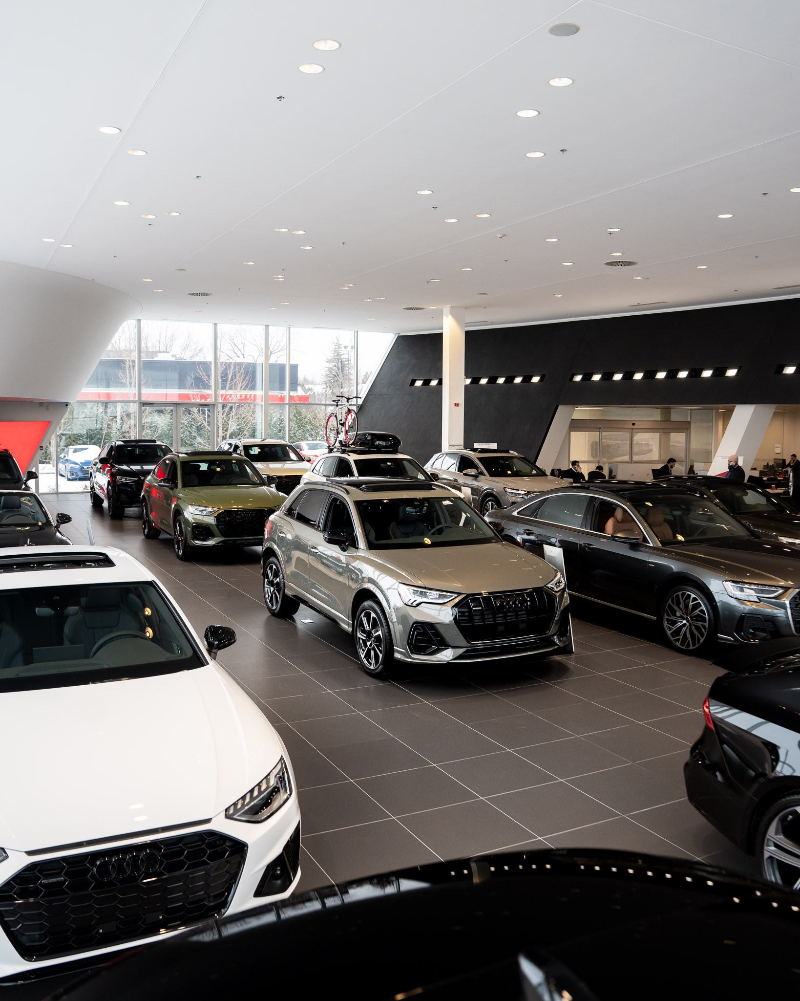 Profile view of Audi showroom. 