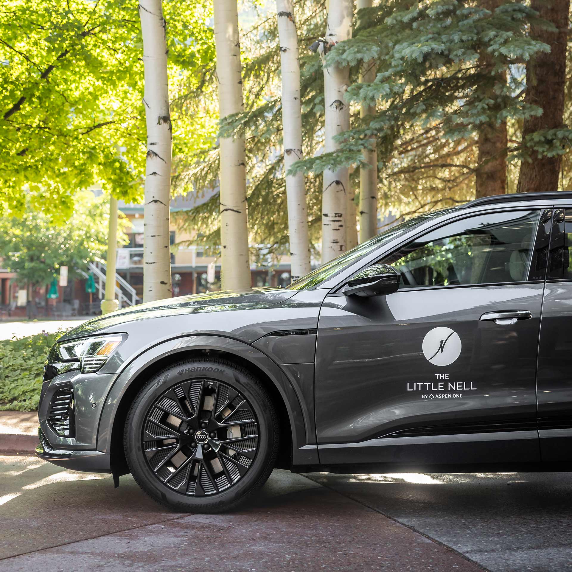 Side view of an Audi e-tron vehicle with The Little Nell logo.