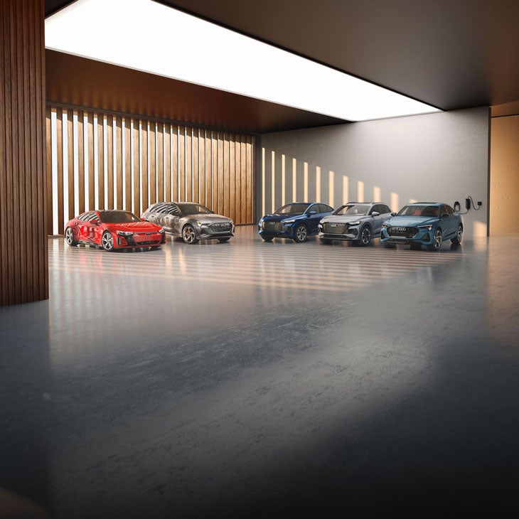 Line up of multiple Audi e-tron models parked. 