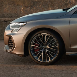 Close up view of front wheel on Audi S3.
