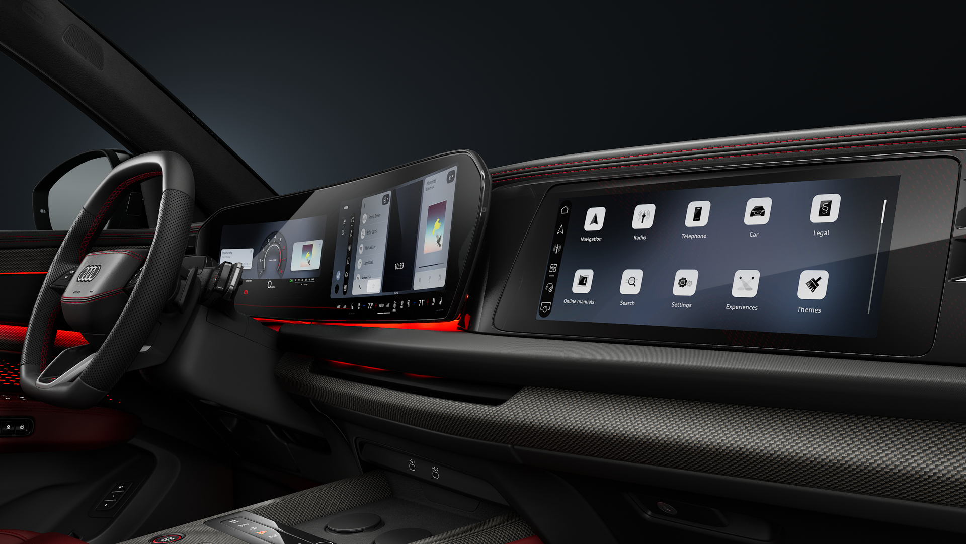 View of the cockpit from the driver's side with a focus on the digital displays.
