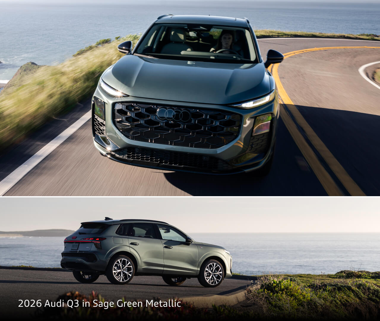 Front and side view of the 2026 Audi Q3 Audi Sage Green Metallic