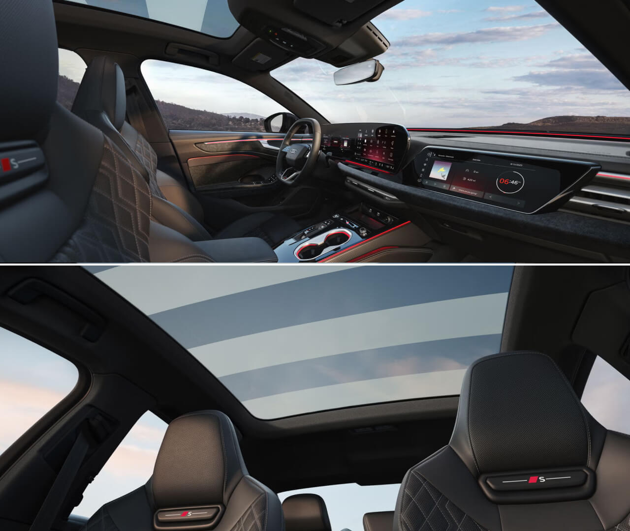 Interior, dashboard, and moonroof shots of the 2026 Audi A6