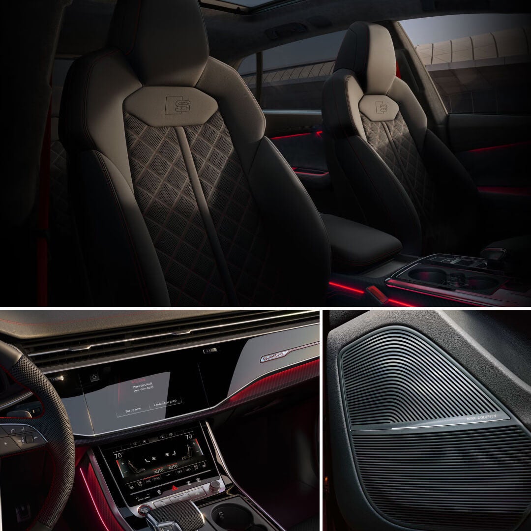 Interior perspective and close-up views of Audi SQ8 upholstery, MMI and sound system.