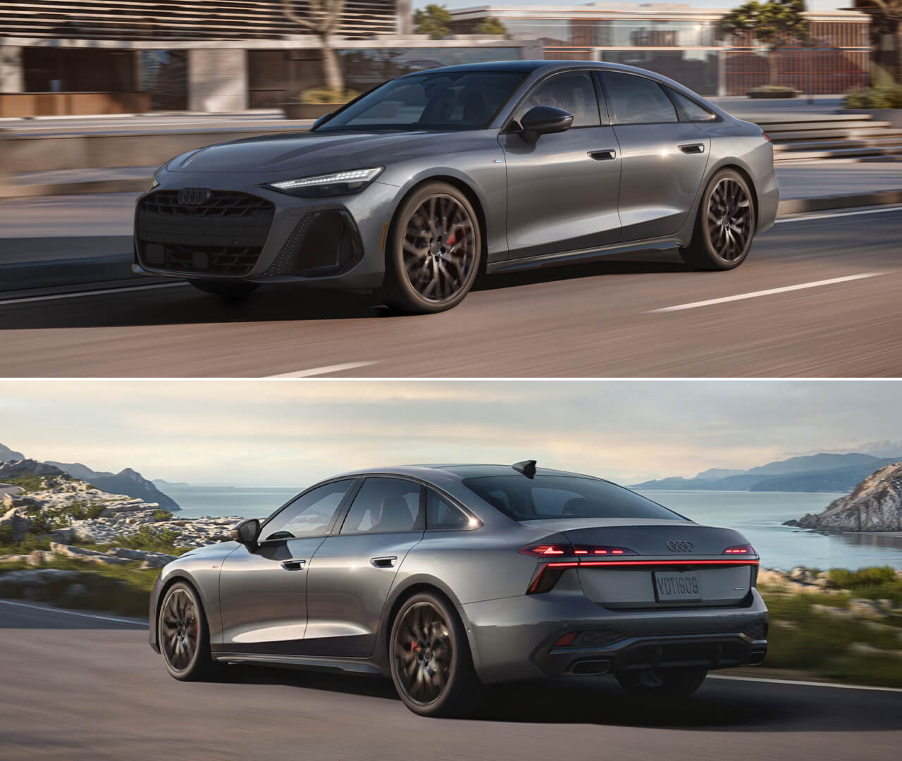 Two shots of the 2026 Audi A6 driving: one facing the viewer and the other facing away