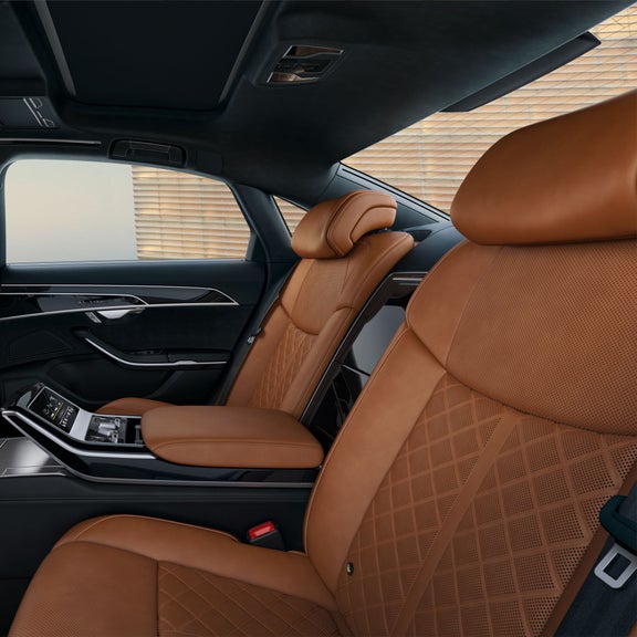 Close up of the rear seats inside the Audi S8.