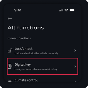 Image shows the Digital Key button above the Key card button on the app.