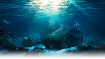 Depiction of an Audi vehicle cover being used on an Audi vehicle at the bottom of the ocean.