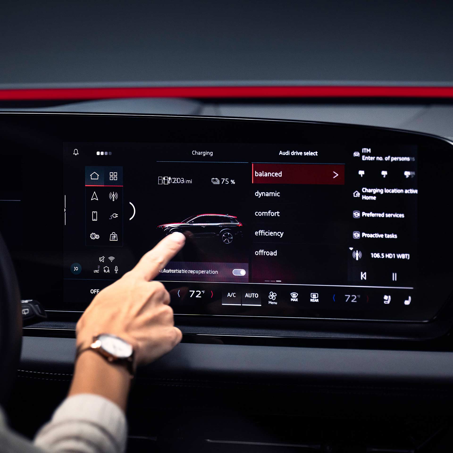 Close-up of the range forecasting interface on the MMI screen of an Audi e-tron vehicle.