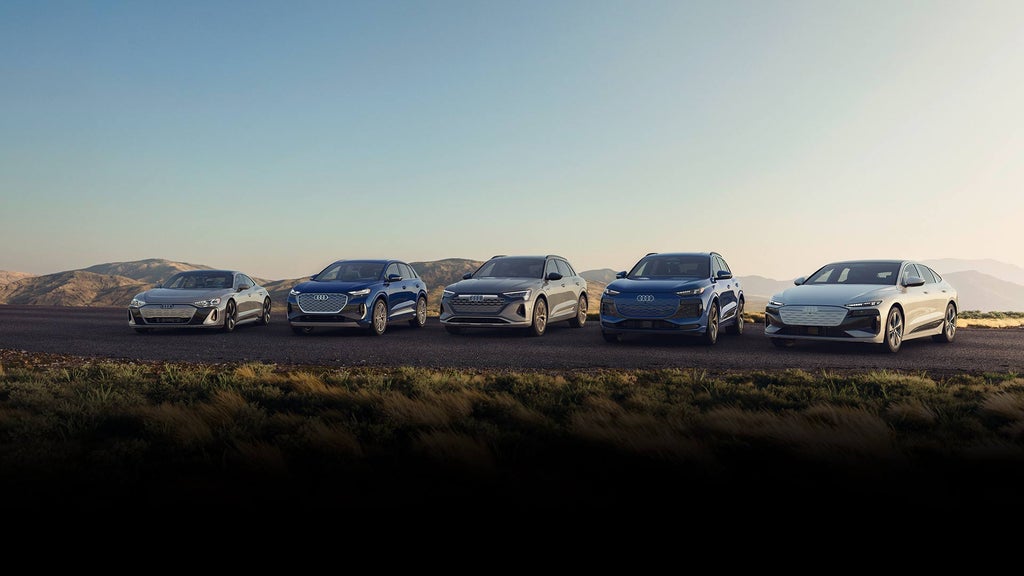 A row of Audi vehicles parked.