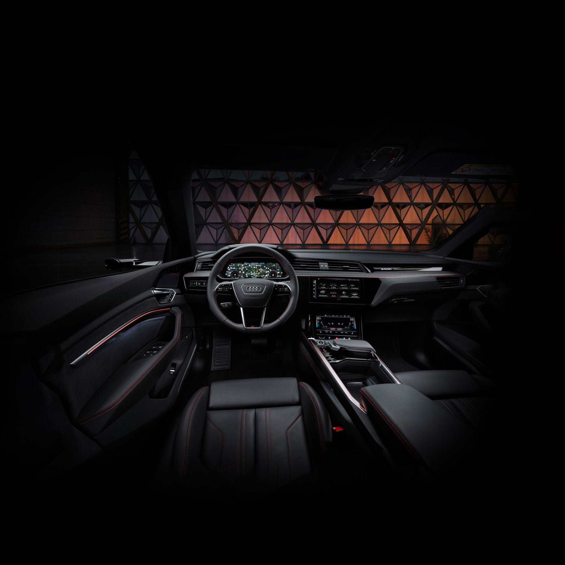 Interior view of the front of an Audi Q8 e-tron.