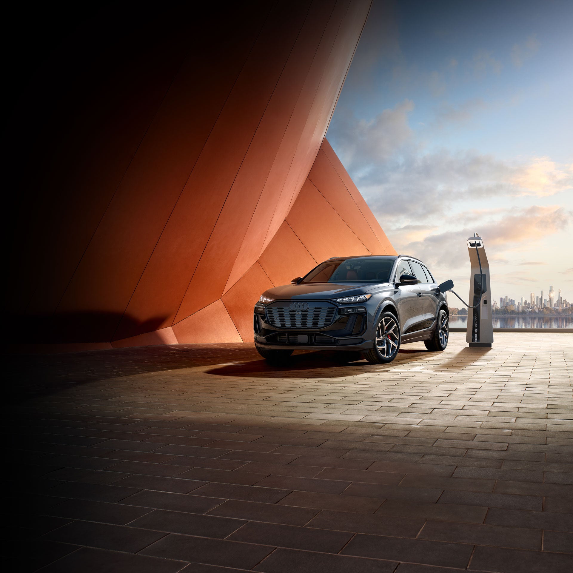 View of the charging port on an Audi vehicle. 