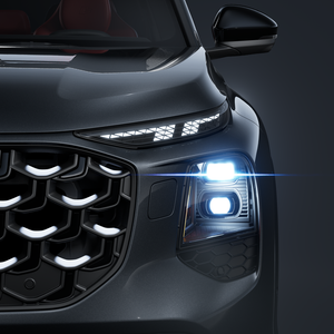 Close-up of the front left LED headlight.