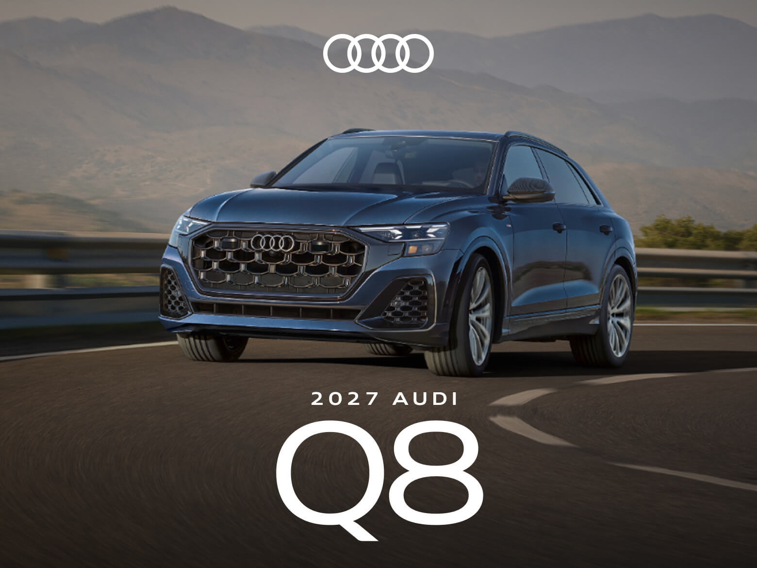 Front low angle action shot of a dark blue 2027 Audi Q8 cornering around a highway turn.