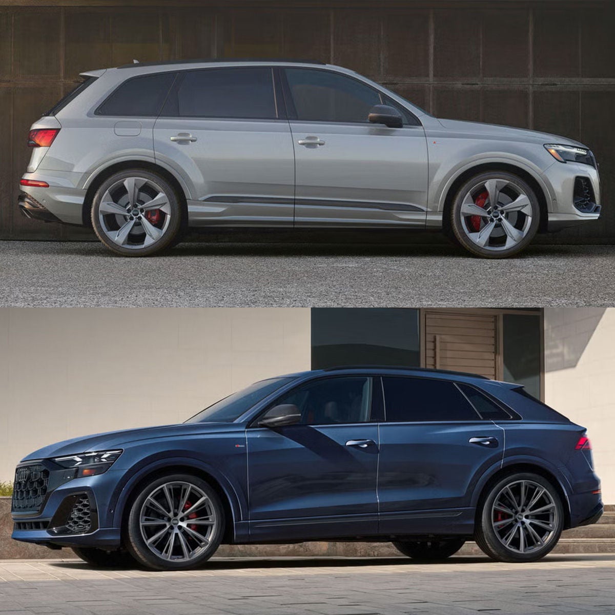Top: Exterior of the Audi Q7, Bottom: Exterior of the Audi Q8