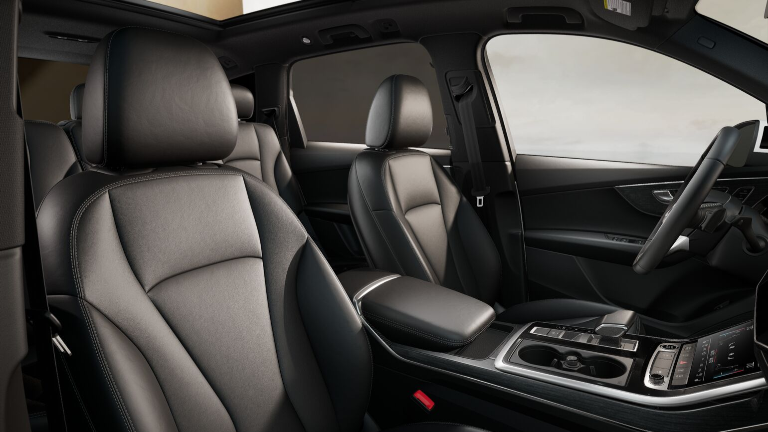 Front seat row inside a Audi Q7 2026. 