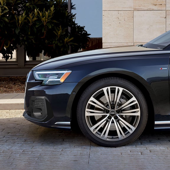 Close up of the front wheel on the Audi A8.