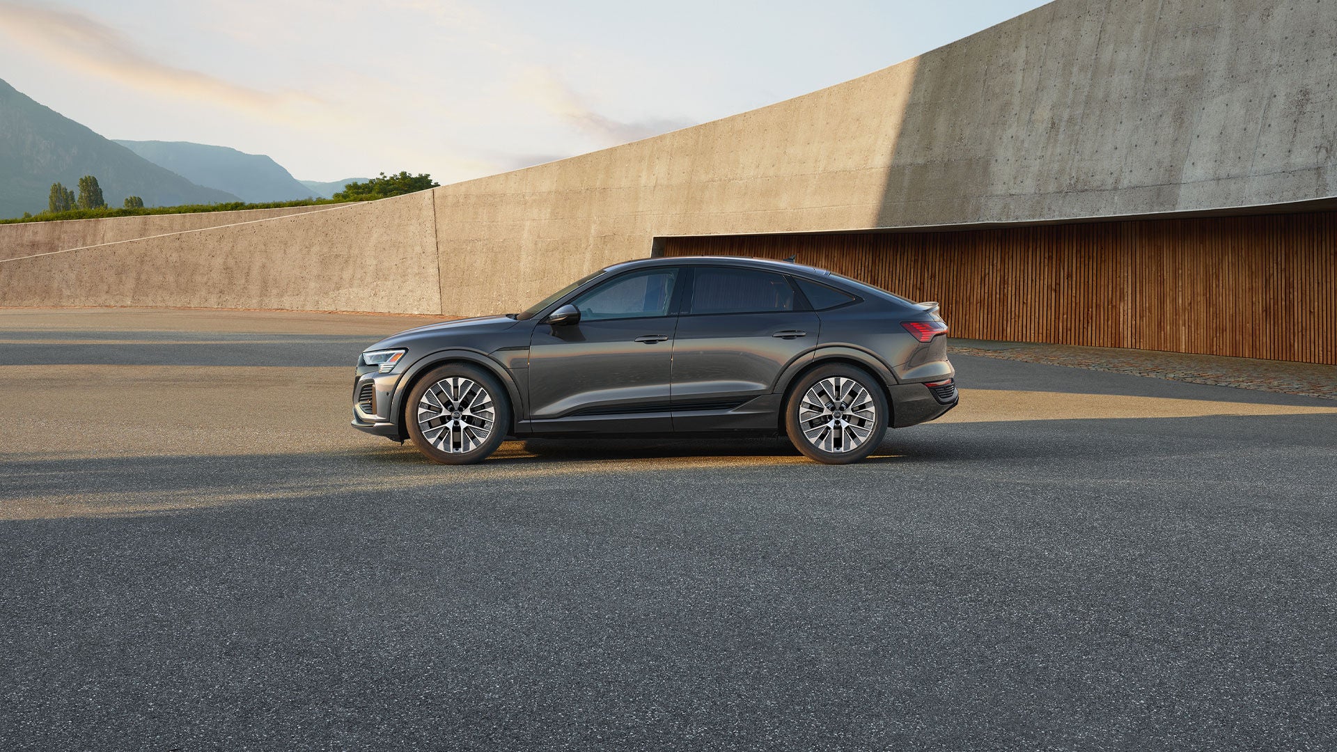 Audi Q8 e-tron parked in front of the sunset