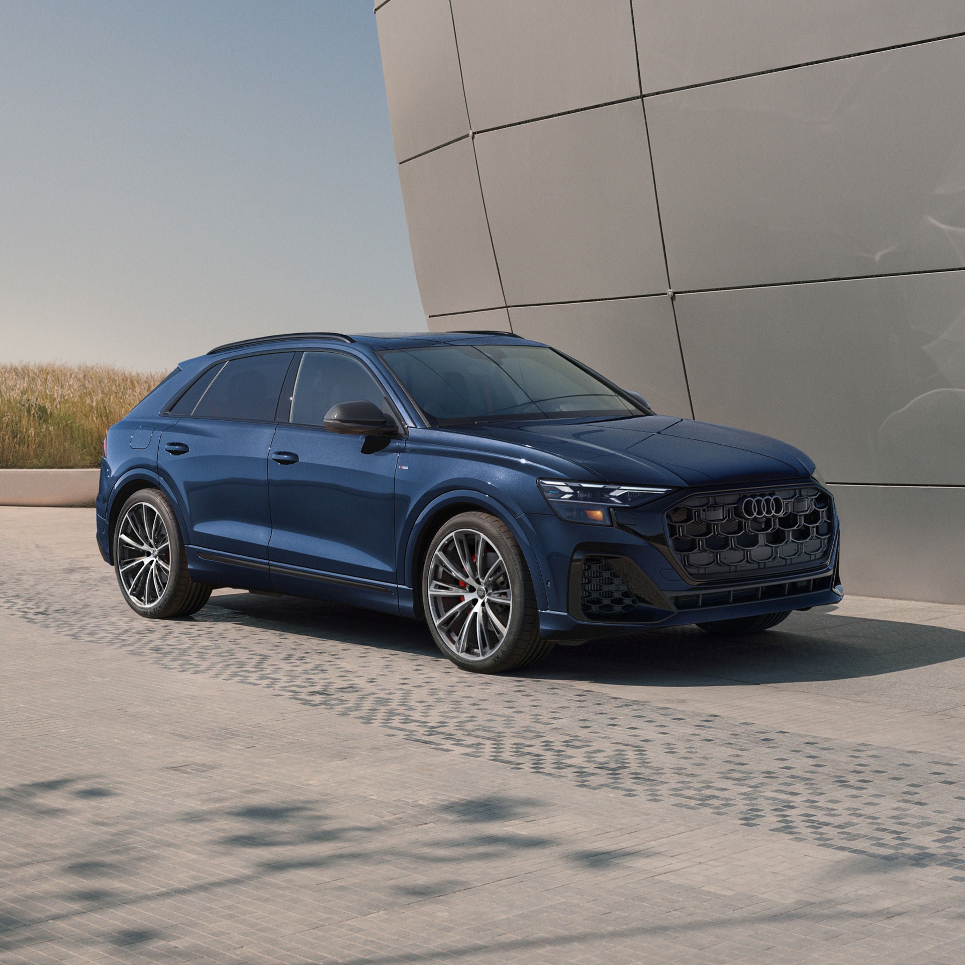 Left profile view of an Audi Q8 parked.