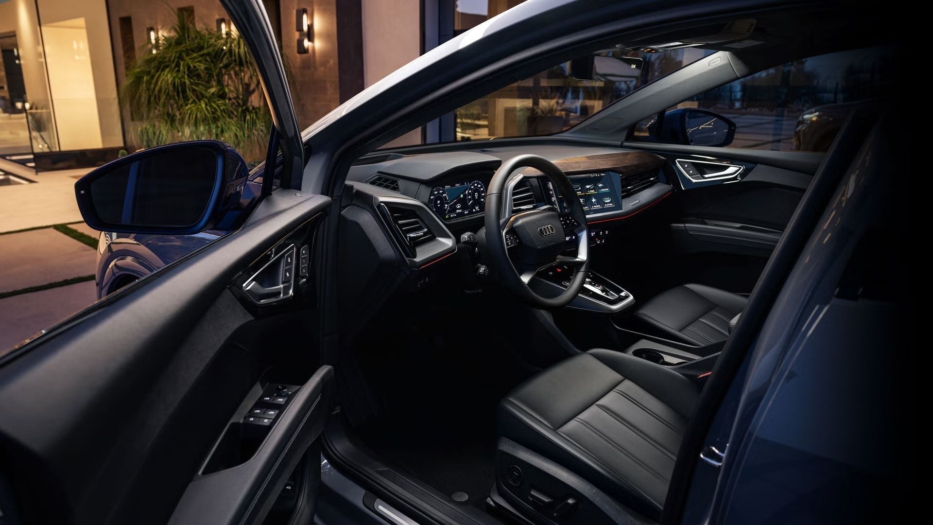 Interior view of an Audi Q4 etron SUV parked.