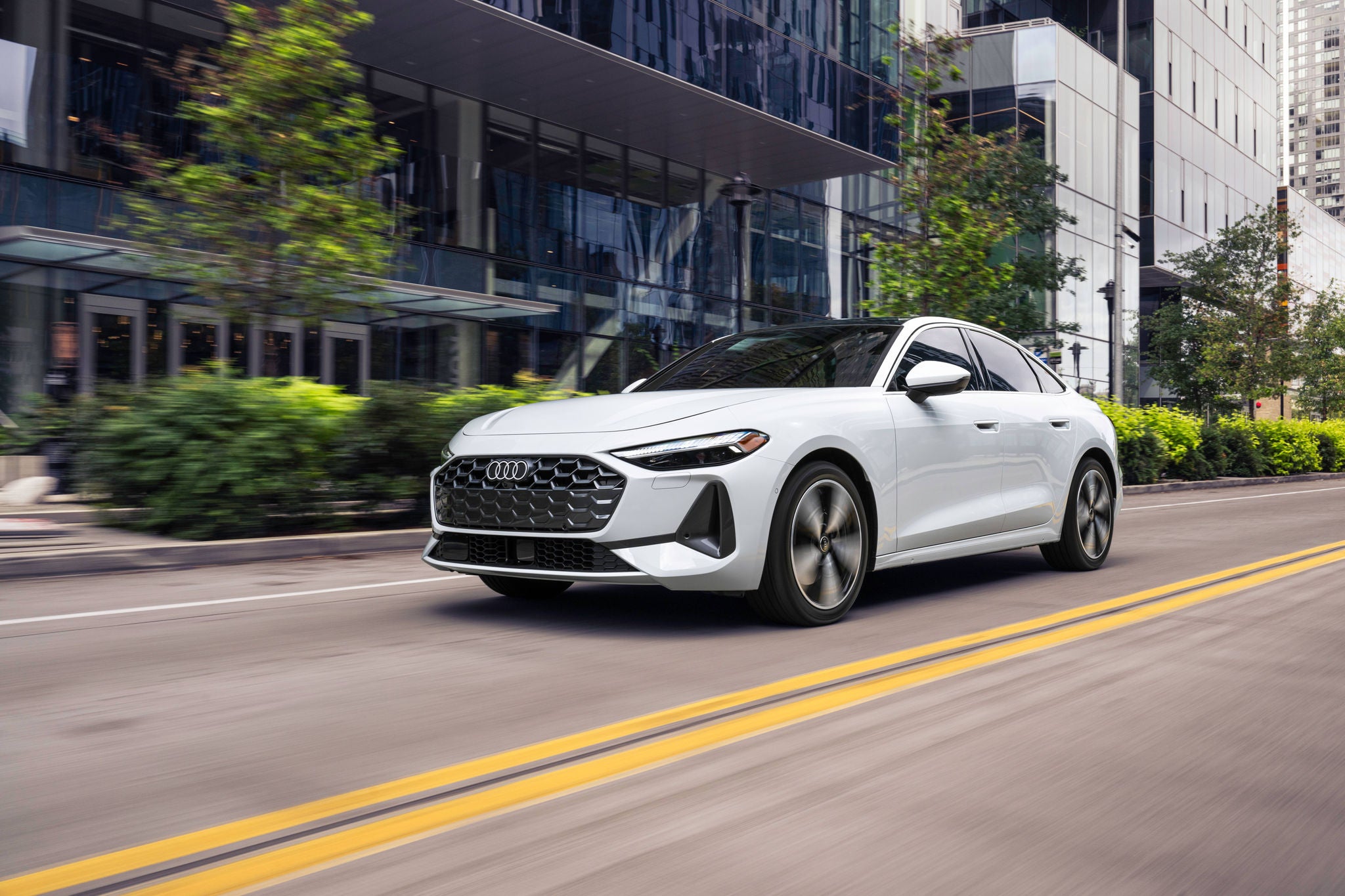 Three-quarter front view of an Audi vehicle. 