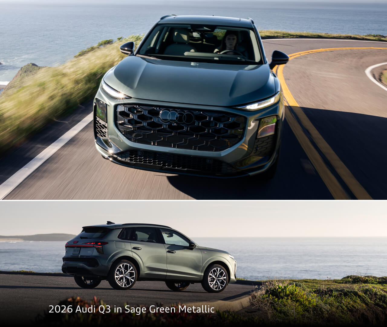 Front and side view of the 2026 Audi Q3 Audi Sage Green Metallic