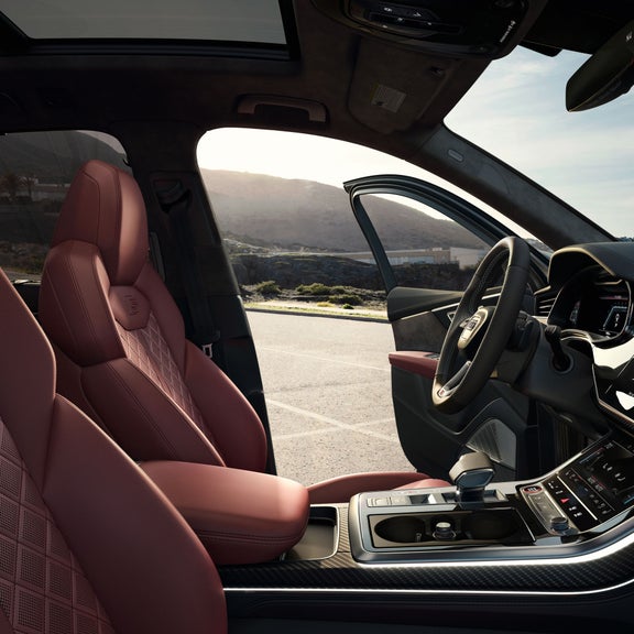 Interior cabin view, showing the front sport seats, of the Audi SQ7.