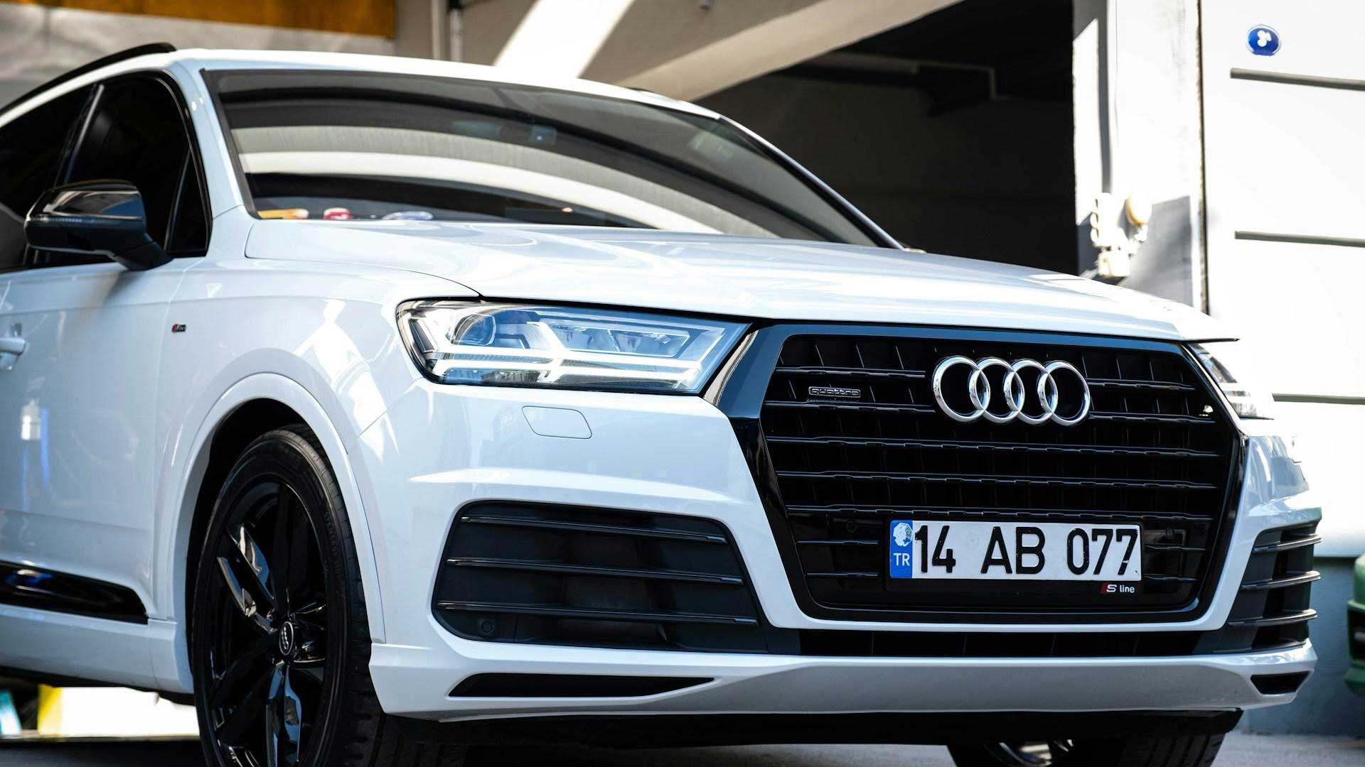 Front profile view of Audi vehicle. 