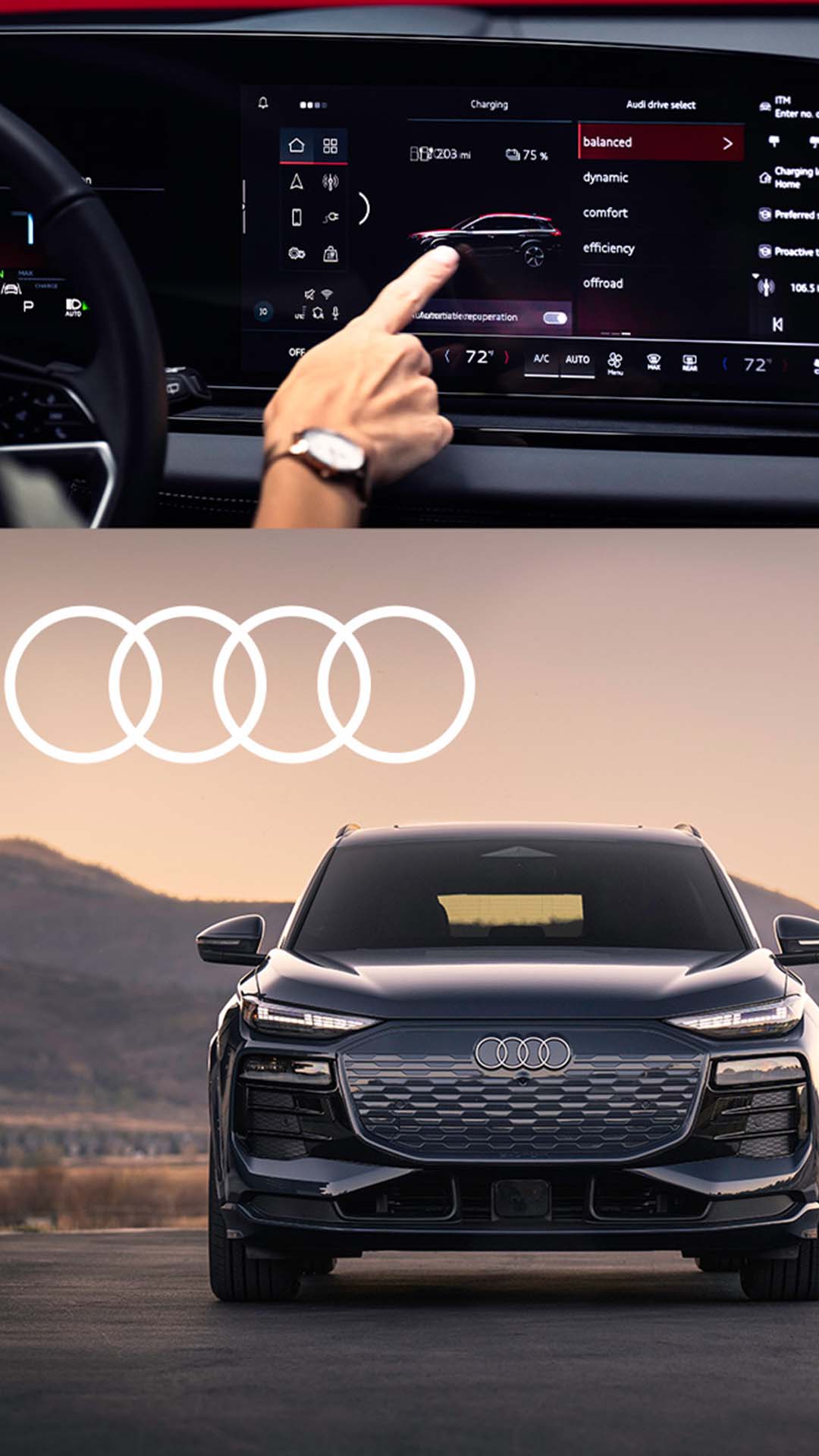 Two individuals driving an audi vehicle.