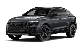 Three-quarter front view of an Audi Q8.