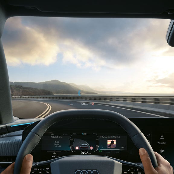 Interior view of the Audi S6 e-tron showing the AR head-up display.