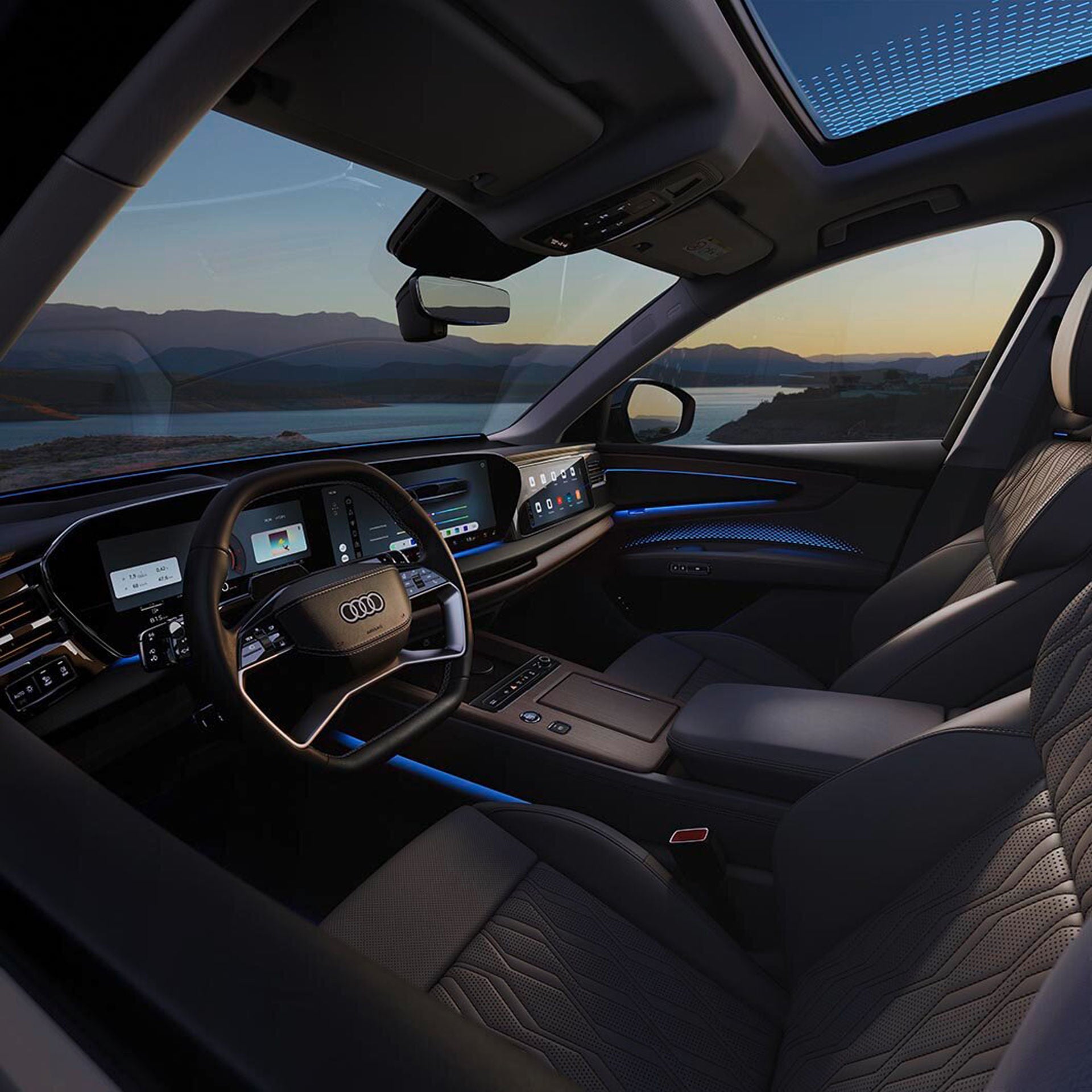 Interior view of the Audi Q7 showing the interior lighting technology in the driver's cockpit.