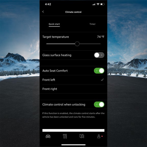 View of an iPhone screen displaying the climate control function on the myAudi app.