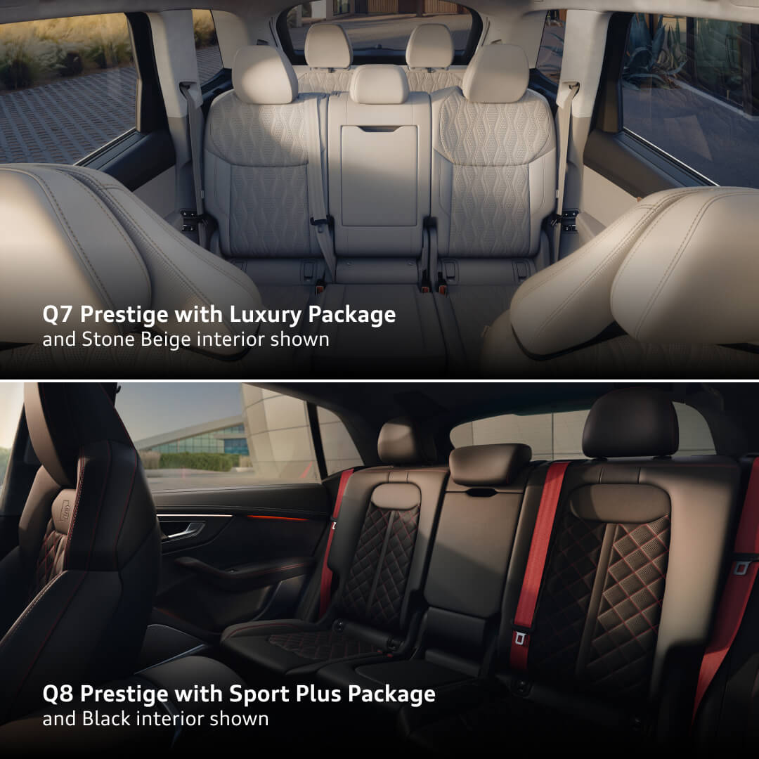 2027 Audi Q7 Prestige Luxury Package with Stone Beige interior. Bottom: Q8 Prestige Sport Plus with Black interior.