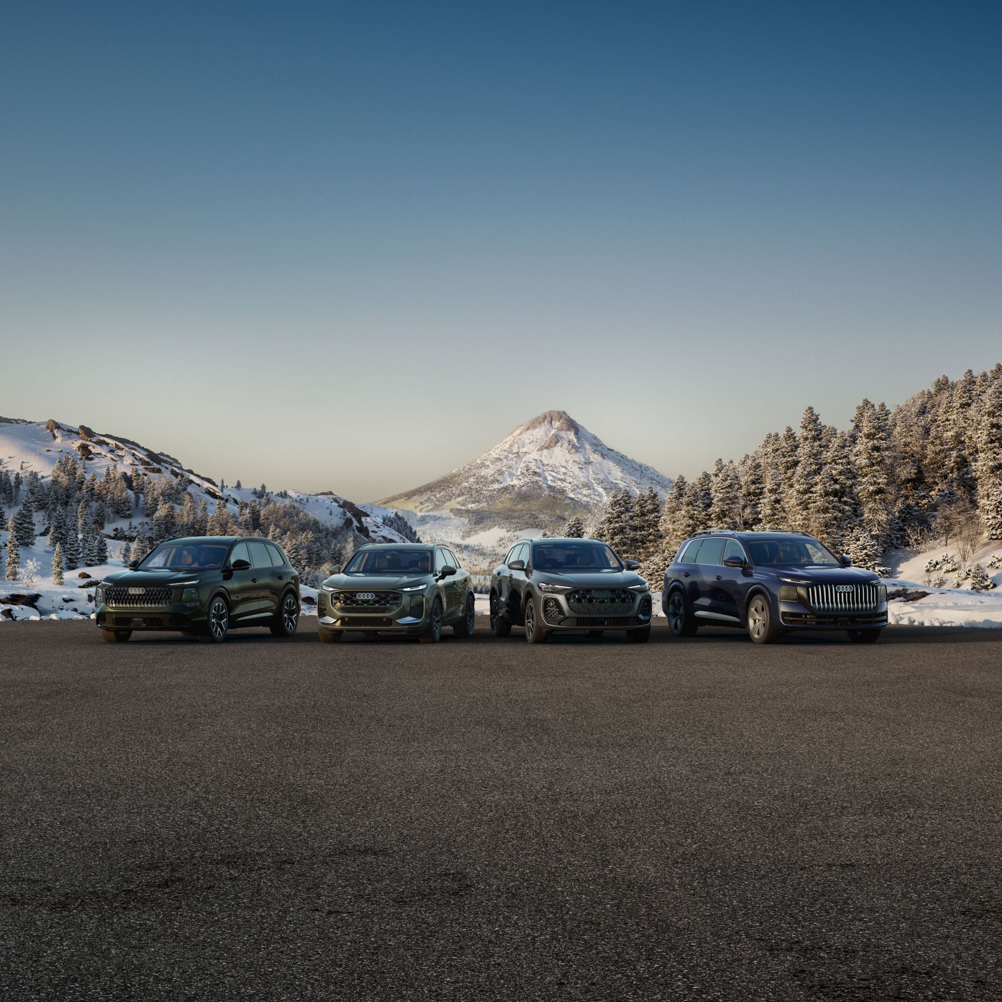 Profile view of four Audi vehicles parked.
