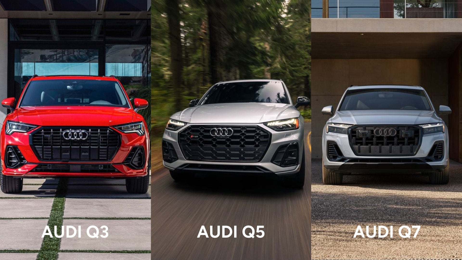 Front facing lineup of the Audi Q3, Q5, and Q7