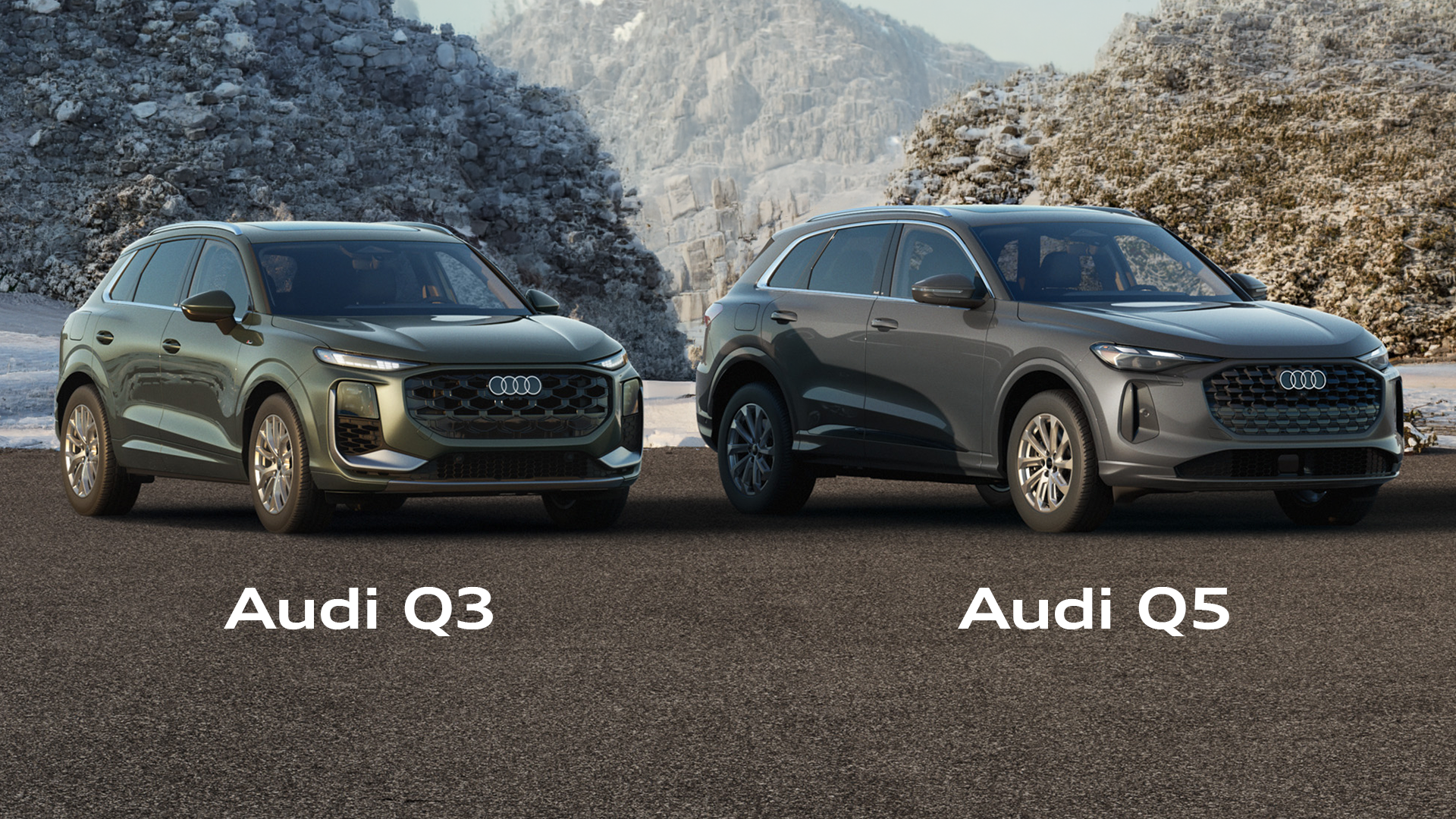 Three-quarter view of an Audi Q3 and Audi Q5.