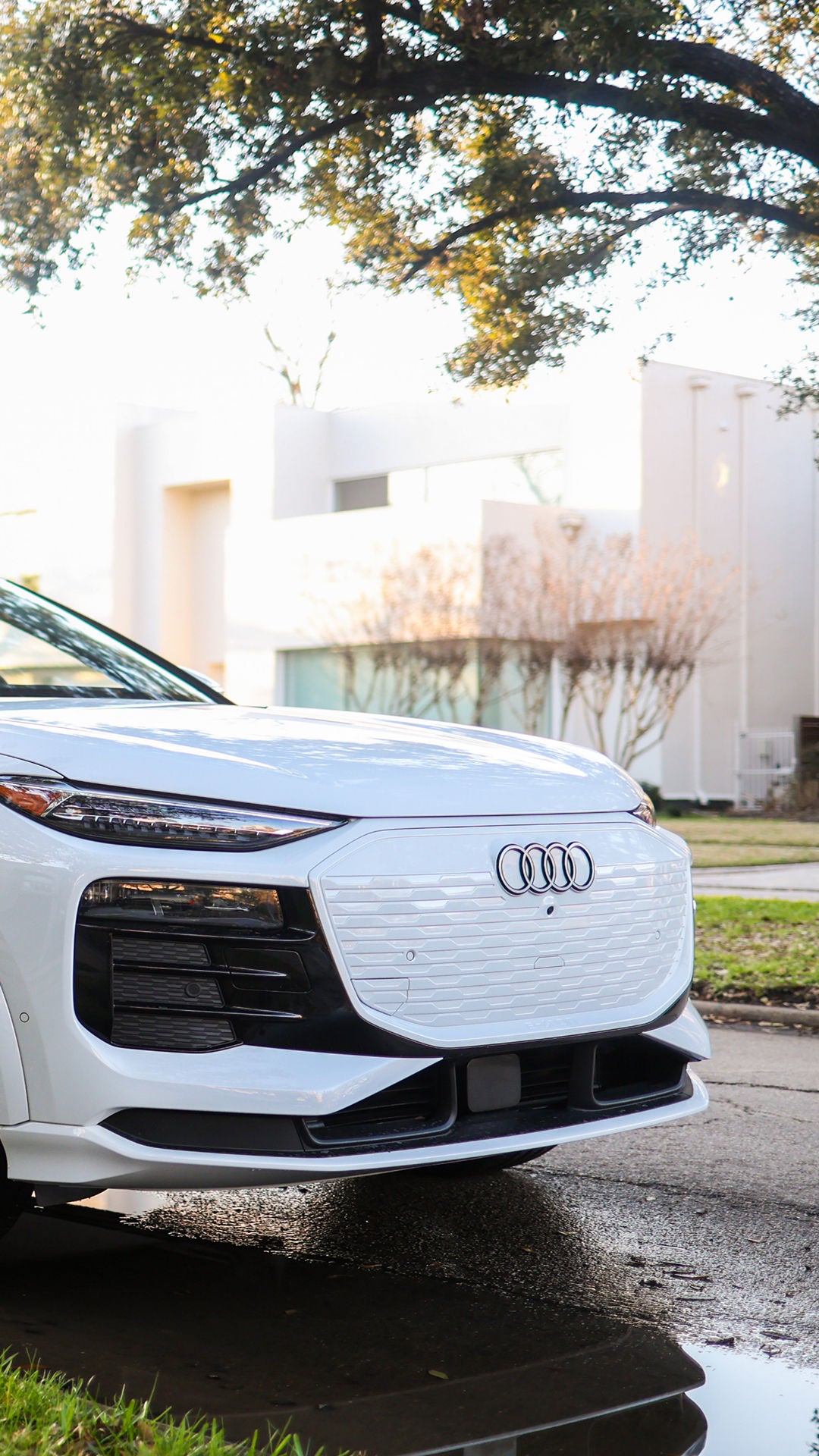 Left side profile view of an Audi Q6 e-tron accelerating.