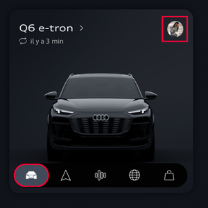 Écran de l’application avec l’onglet Véhicule mis en évidence au bas à gauche, et l’icône Profil en surbrillance dans le coin supérieur droit de l’écran. 