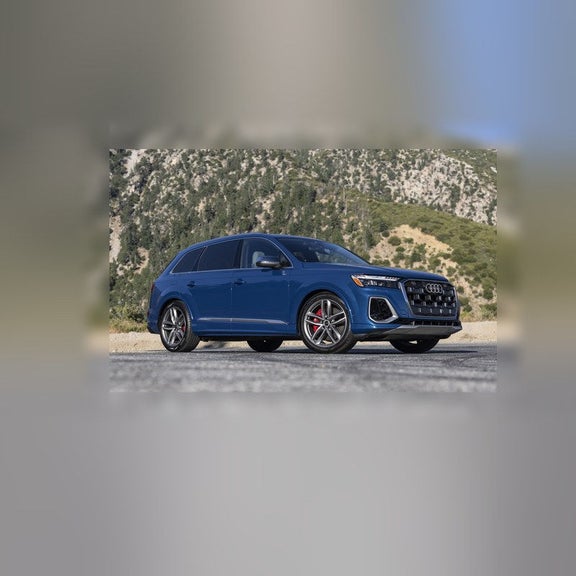 2026 Audi SQ7 front three-quarter in Ascari Blue with red brake calipers at Audi Sewickley