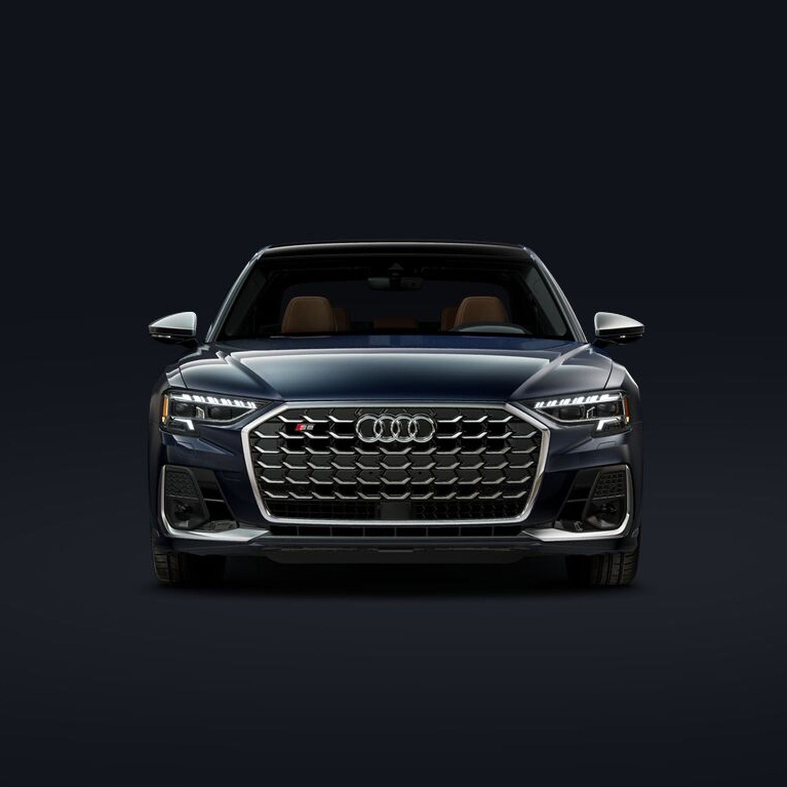 2026 Audi S8 head-on front, Firmament Blue.