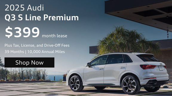 2025 Audi Q3 S Line Premium SUV parked outside a contemporary home with lease pricing overlay
